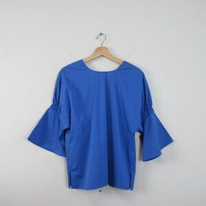 Tibi Bell Sleeve Blouse Top Women S Blue 100% Cotton Ruffle Crewneck Elegant 160